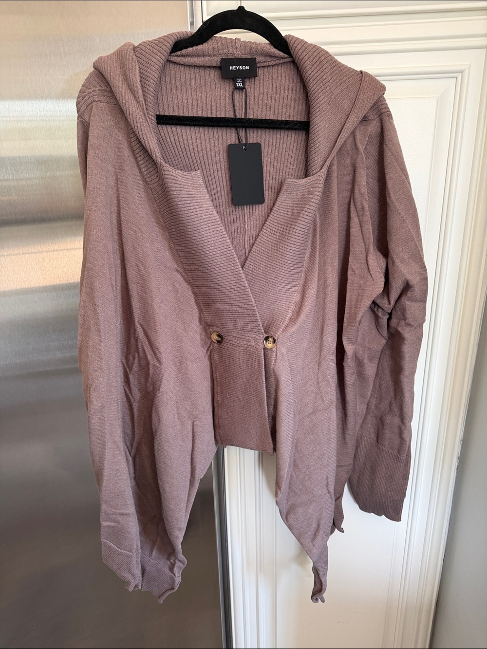 NWT Heyson Hooded Wrap Cardigan | 1XL | Cocoa | Asymmetric Hem | One Button